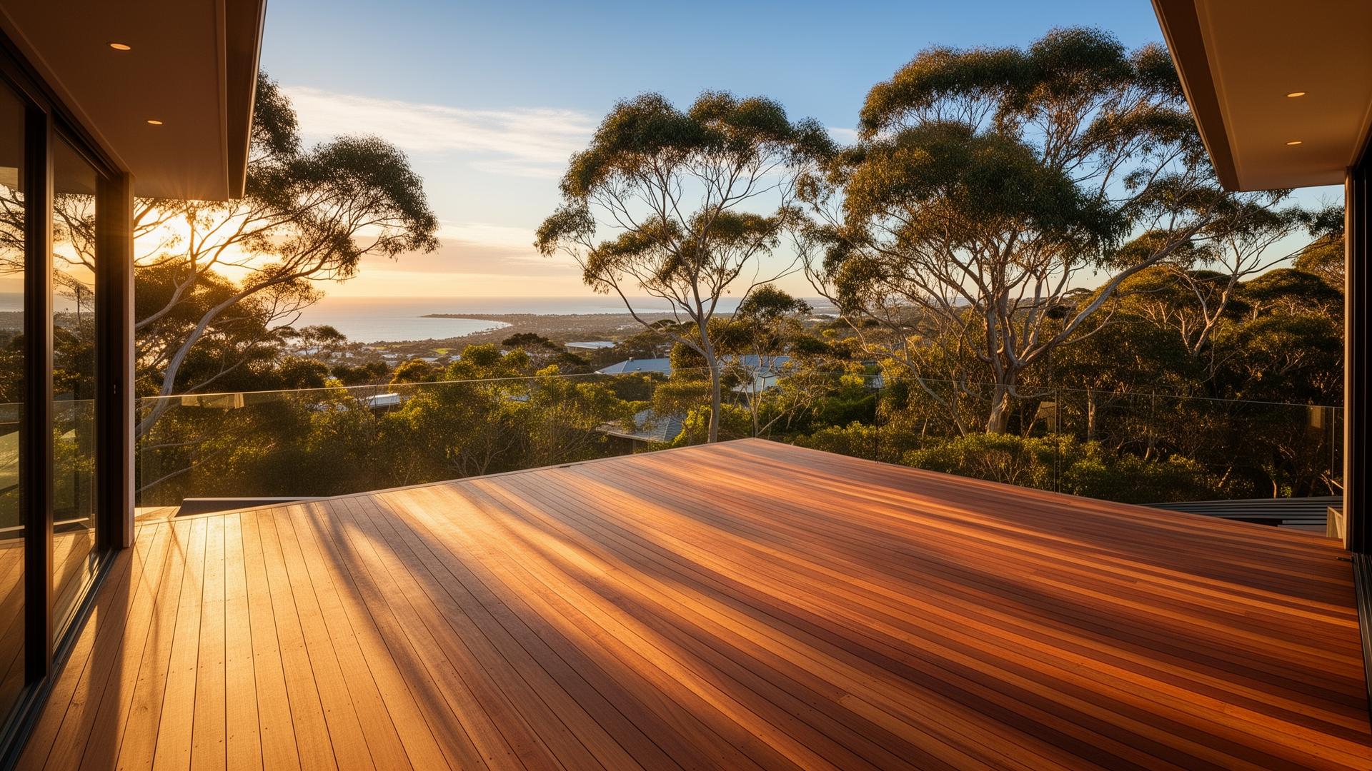 Hardwood deck overlooking the Mornington Peninsula at golden hour